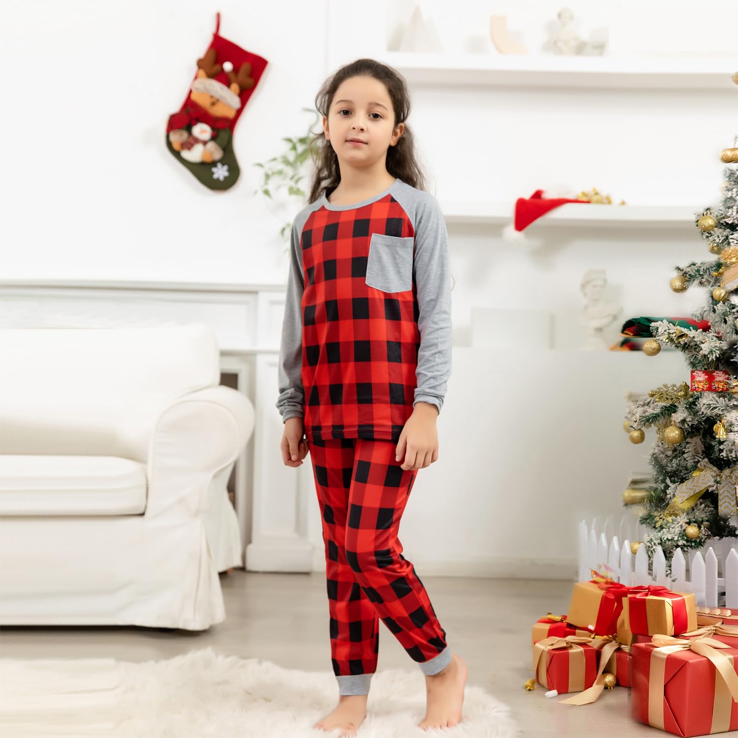 Schbbbta Kids Christmas Plaid Pajamas Set 2-Piece Family Sleepwear Pjs Set, Black Grey Plaid, 5-6 Years = Tag 130
