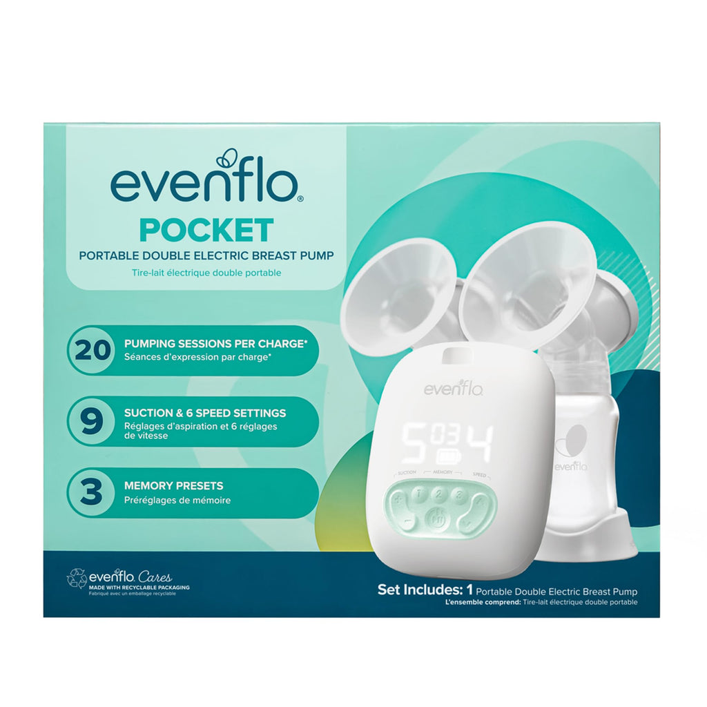 Evenflo Pocket Portable Double Electric Breast Pump, White, 20 Pumping Sessions per Charge, 9 Suction Settings, 3 Memory Presets