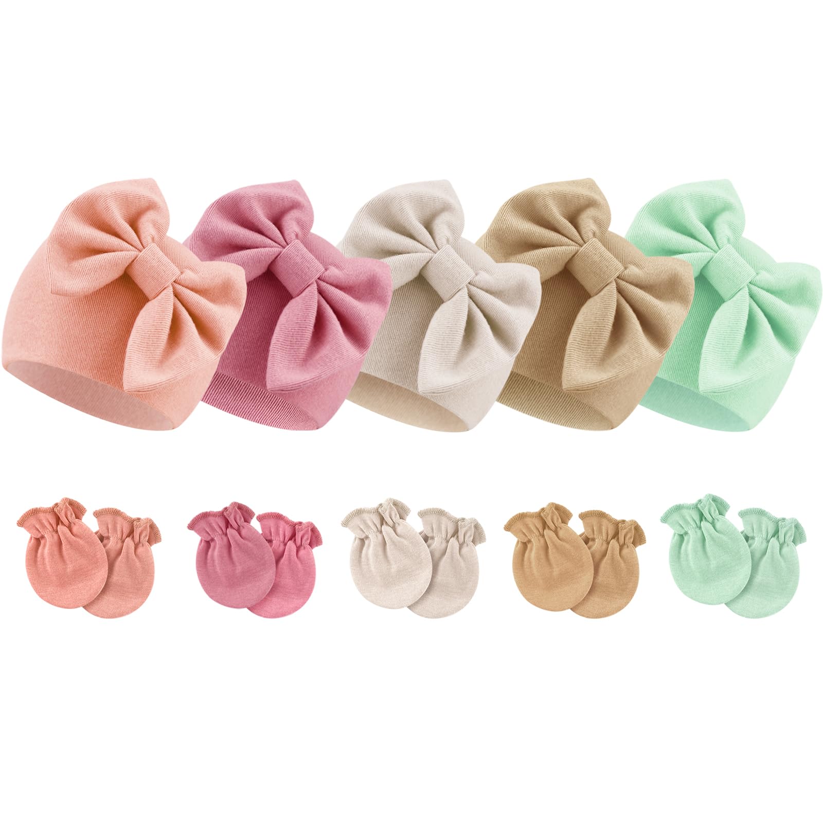 BQUBO Newborn Baby Girls Hats Mittens Set Hospital Hat Beanie Infant Bow Hats Baby Cotton Gloves No Scratch Mittens for 0-6 Months