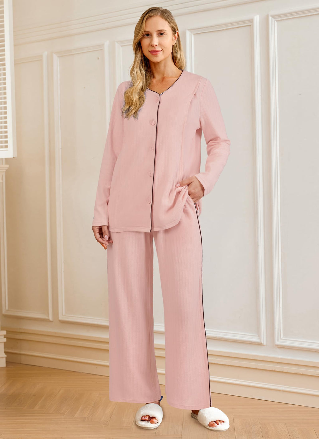 OUGES Maternity Nursing Pajamas Lounge Sets Postpartum Outfits for Women 100% Cotton Button Down V Neck Breastfeeding Sleepwear Set Maternity Clothes Pink Top & Long Pants with Pockets(Pink,S)