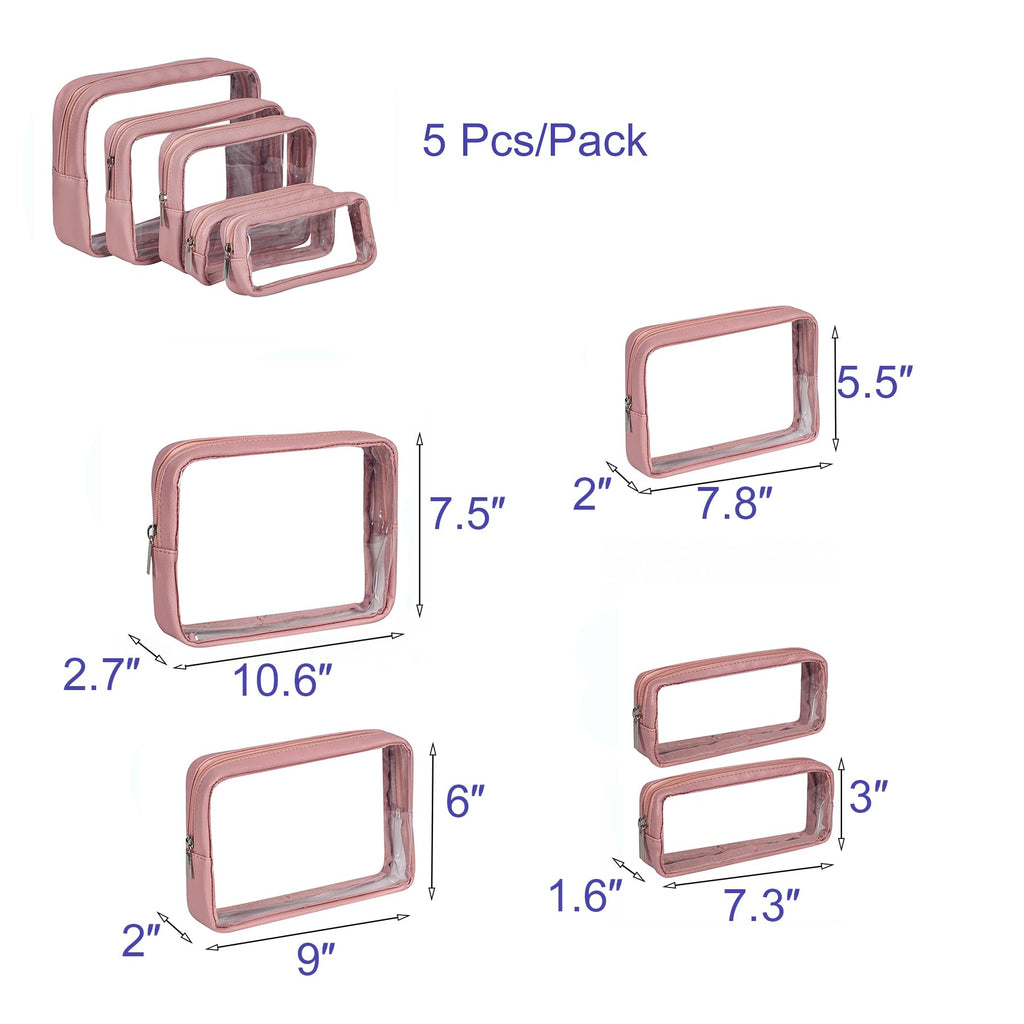 Remobia Hicol TSA Approved 5-Piece Diaper Bag Organizer Pouch Set Clear Waterproof TPU Kids Toiletry Storage Set Travel Packing Clutch Cube Bags for Baby Nursing (Light Pink Leather)
