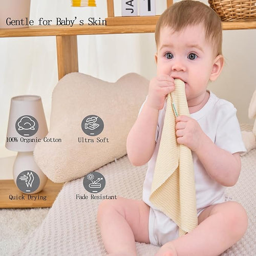 10-Pack Organic Cotton Baby Washcloths | Ultra-Soft Soft Wash Cloths for Babies, Infant, Kids, Toddler | Lightweight Face Cloths for Boys & Girls | Gentle Baby Rags (Stripes)