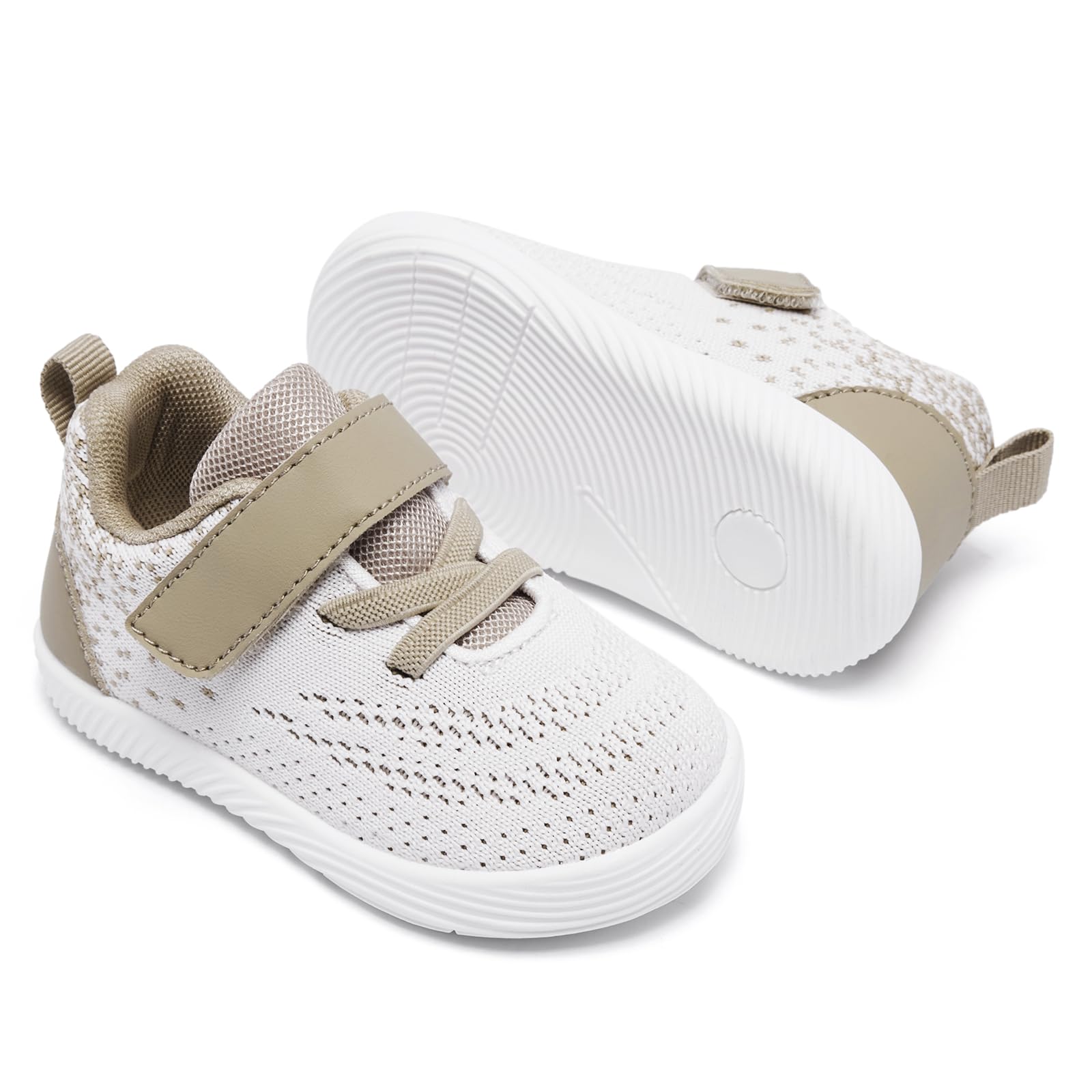MORENDL Toddler Sneakers Baby Boys & Girls Barefoot Shoes Lightweight Breathable Walking Running Tennis Athletic Sport Shoes Brown White Size 7