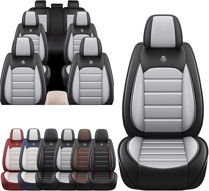 JOJ Car Seat Cover Fit for Toyota Highlander 2001-2025,7 Seat Car Seat Cover,No-Slip Waterproof Breathable Faux Leather Automotive Seat Covers Auto Interior Covers,Full Set,Black Gray