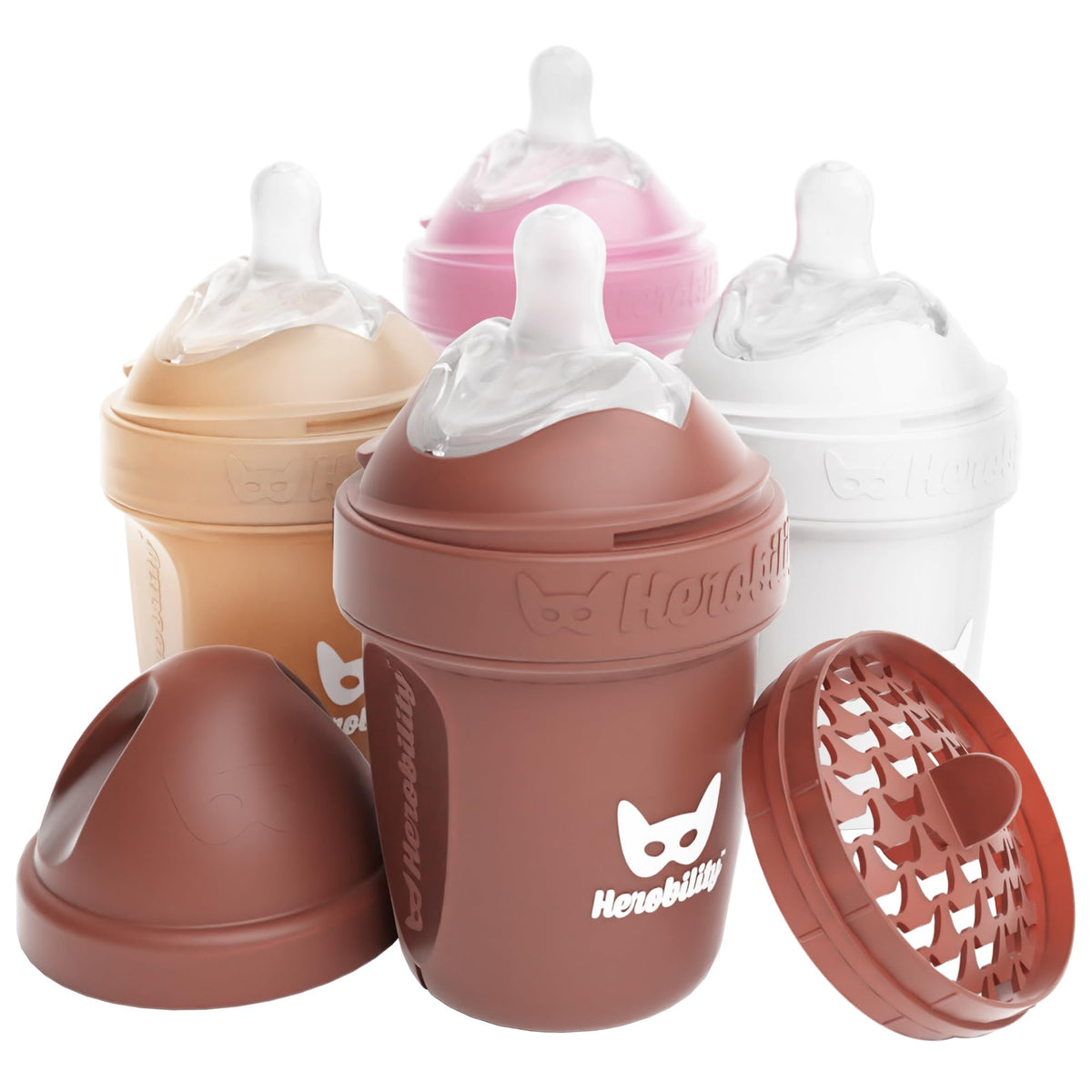 Herobility Anti-Colic Baby Bottles 8.5 fl oz/240ml - Pack of 4 Plastic Baby Bottles, Slow Flow Plastic Bottles, Breast-Shaped Teat for Breastfed Babies, – Multicolor - White, Gray, Iron Blue, Blue