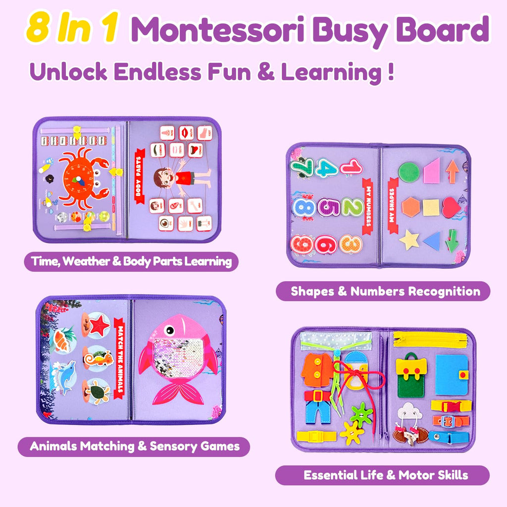 Qizfun Montessori Busy Board Book for Toddlers, Mermaid Sensory Learning Toy for Girls, Educational Fine Motor Skills Toy, Travel Busy Board for Car & Airplane