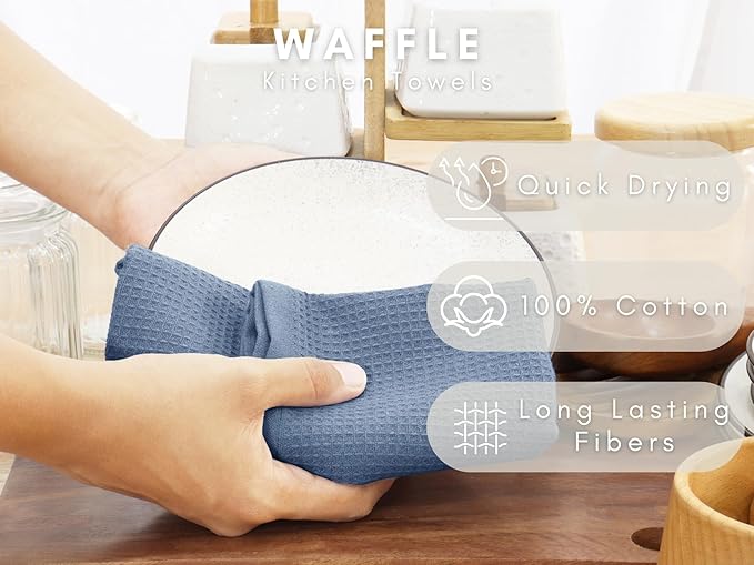 PurpleEssences Waffle Weave Kitchen Towel, 100% Cotton - 15 x 25 Inches, with Hanging Loop Ultra Soft Absorbent Quick Drying Dish Cloth, Tea and Hand Towels, 4 Pack - Fall Thanksgiving - Smoky Grey