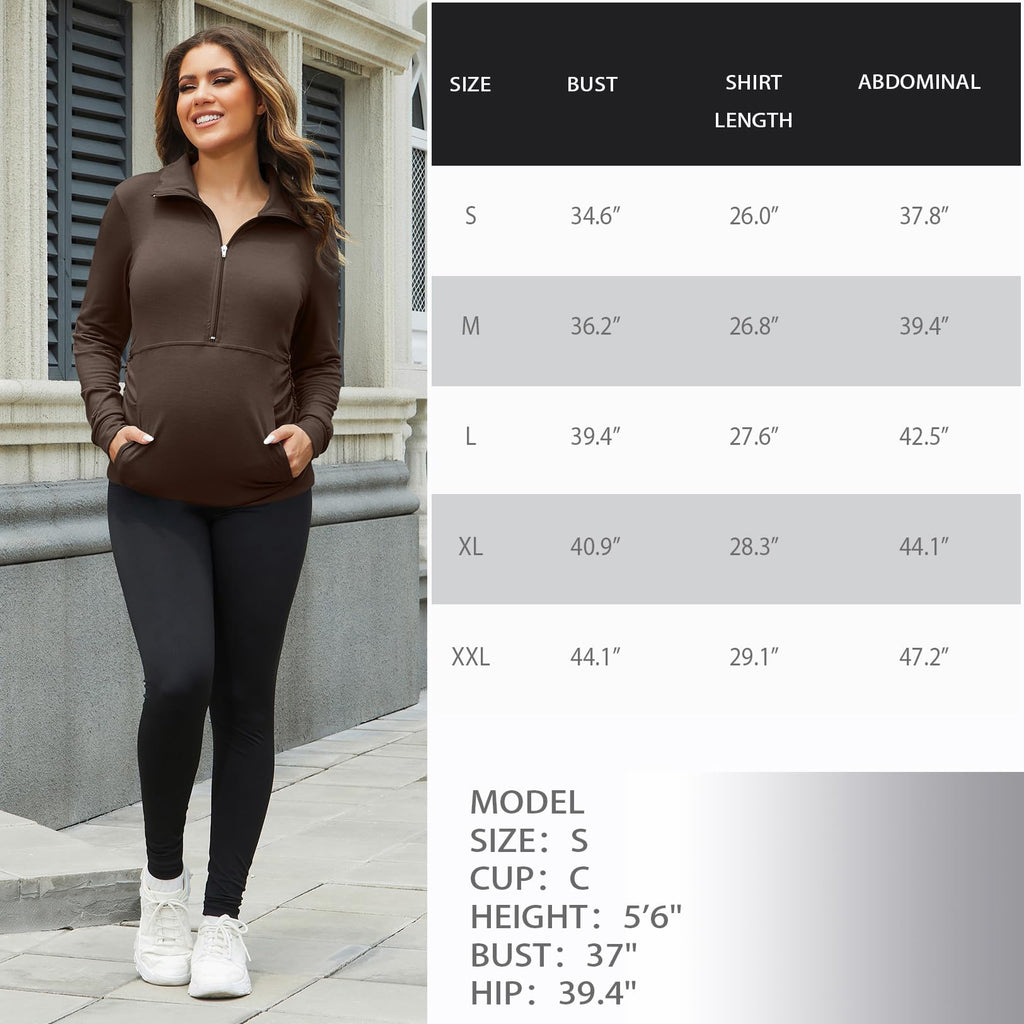 GINKANA Maternity Sweatshirt Long Sleeve Kangaroo Pocket Shirt Casual Pregnancy Lapel Sweatshirt Half Zipper Tops,Chocolate,M
