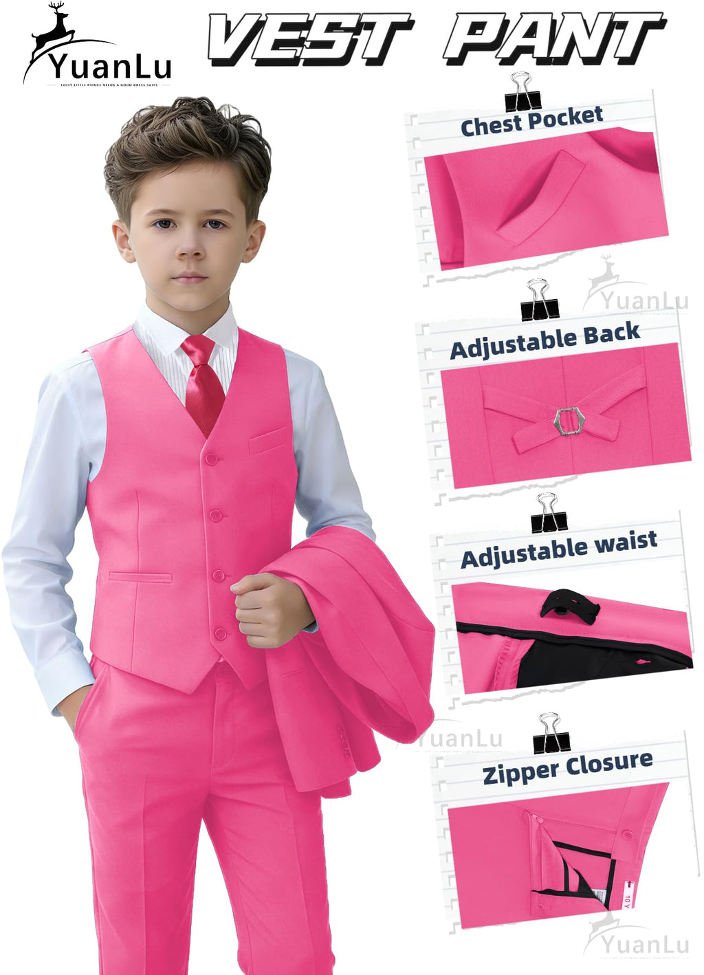 YuanLu Toddler Suits for Boys Hot Pink Easter Outfit Slim Fit Suit Size 2T