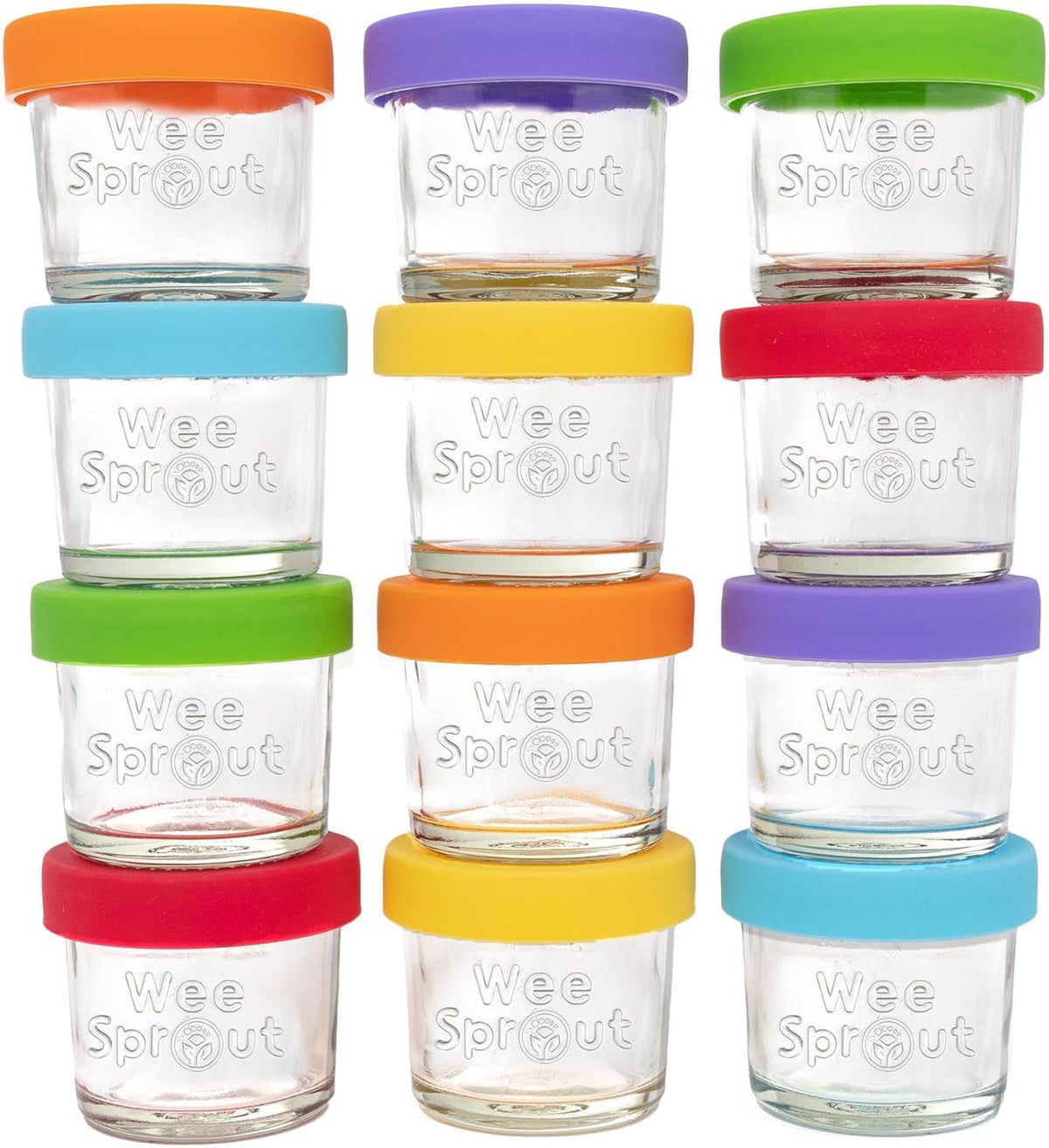 WeeSprout Glass Baby Food Storage Jars with Silicone Lids (4 oz, 12 Pack Set) Snack, Puree, Reusable Small Containers, Breast Milk, Fridge or Freezer, Essential Must Have for Infants