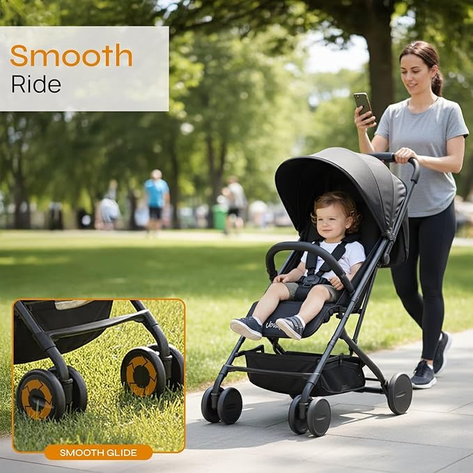 Jovial Lightweight Baby Stroller, Folding Travel Stroller with Reclining Seat, Canopy, 5-Point Safety Harness, Storage Basket, Smooth Wheels, Compact Portable Design (39.8" x 18.7" x 32.3")