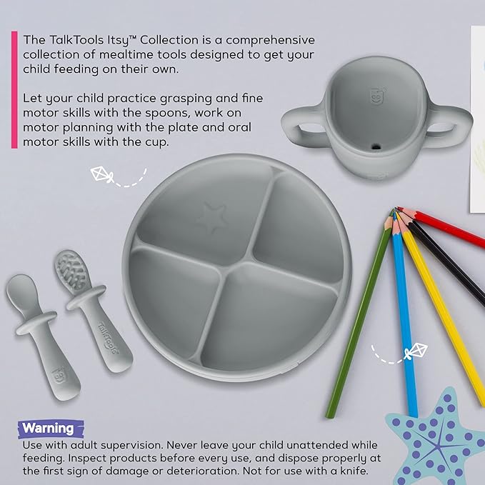 TalkTools ITSY Silicone Baby Plates Set with Suction – Feeding Essentials for Toddlers 6–12 Months+ | BLW Mealtime Set with Twin Spoon, Spill-Proof Sippy Cup | Self-Feeding Utensils (Cloud)