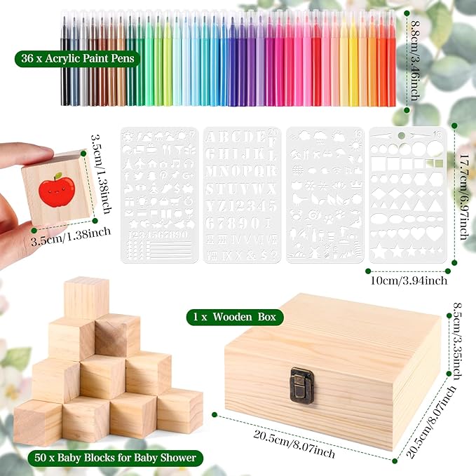 Draupnir 92 Pcs Fun Baby Shower Games Sign Kit Babies Coloring Blocks for Baby Shower, Wooden DIY Blank Blocks Freehand Painting with 36 Paint Markers