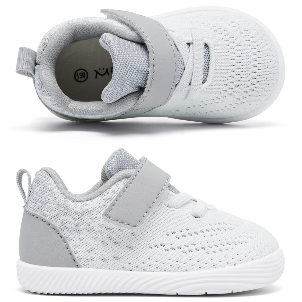 MORENDL Toddler Sneakers Baby Boys & Girls Barefoot Shoes Lightweight Breathable Walking Running Tennis Athletic Sport Shoes White Gray 18-24 Months Size 6.5