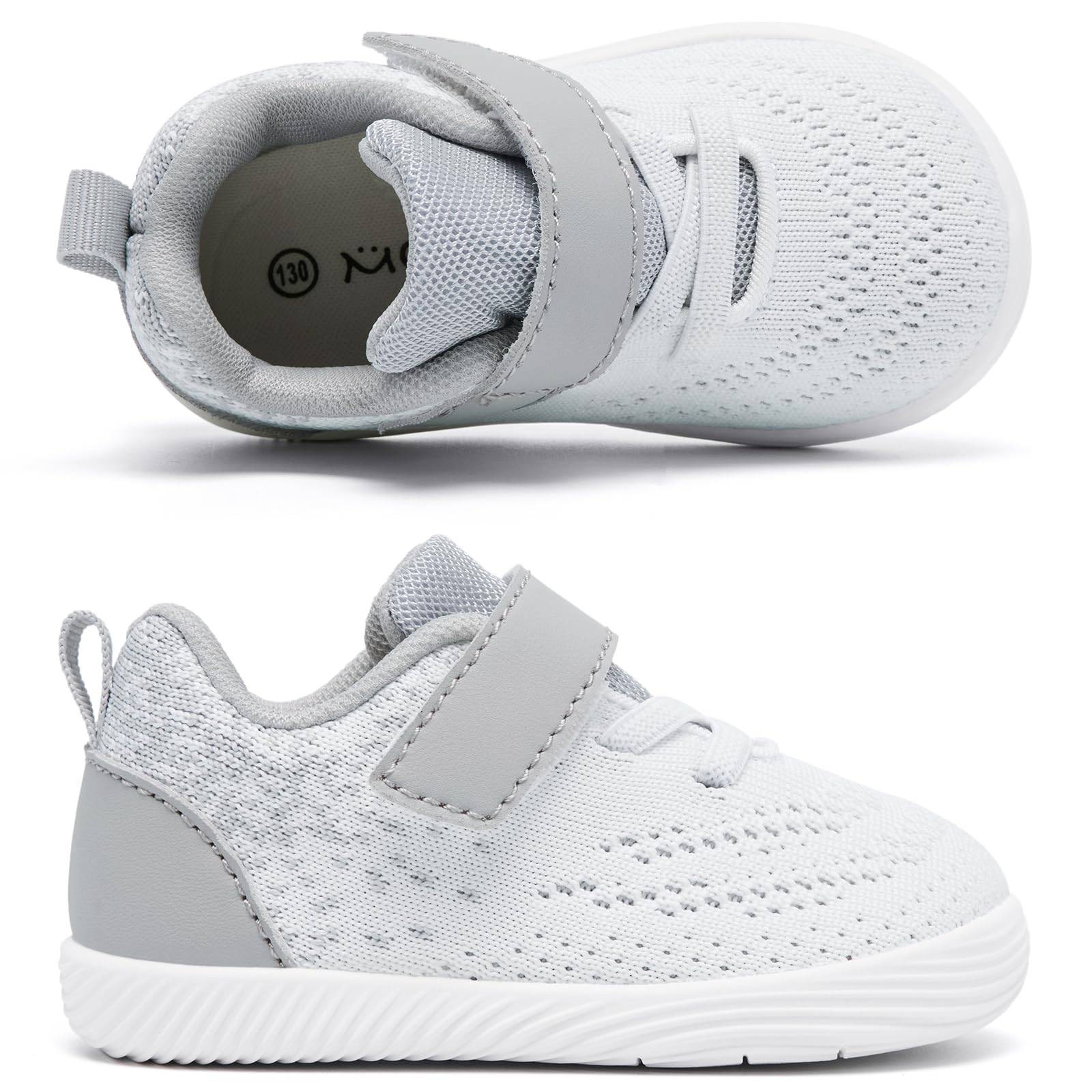 MORENDL Toddler Sneakers Baby Boys & Girls Barefoot Shoes Lightweight Breathable Walking Running Tennis Athletic Sport Shoes White Gray 18-24 Months Size 6.5