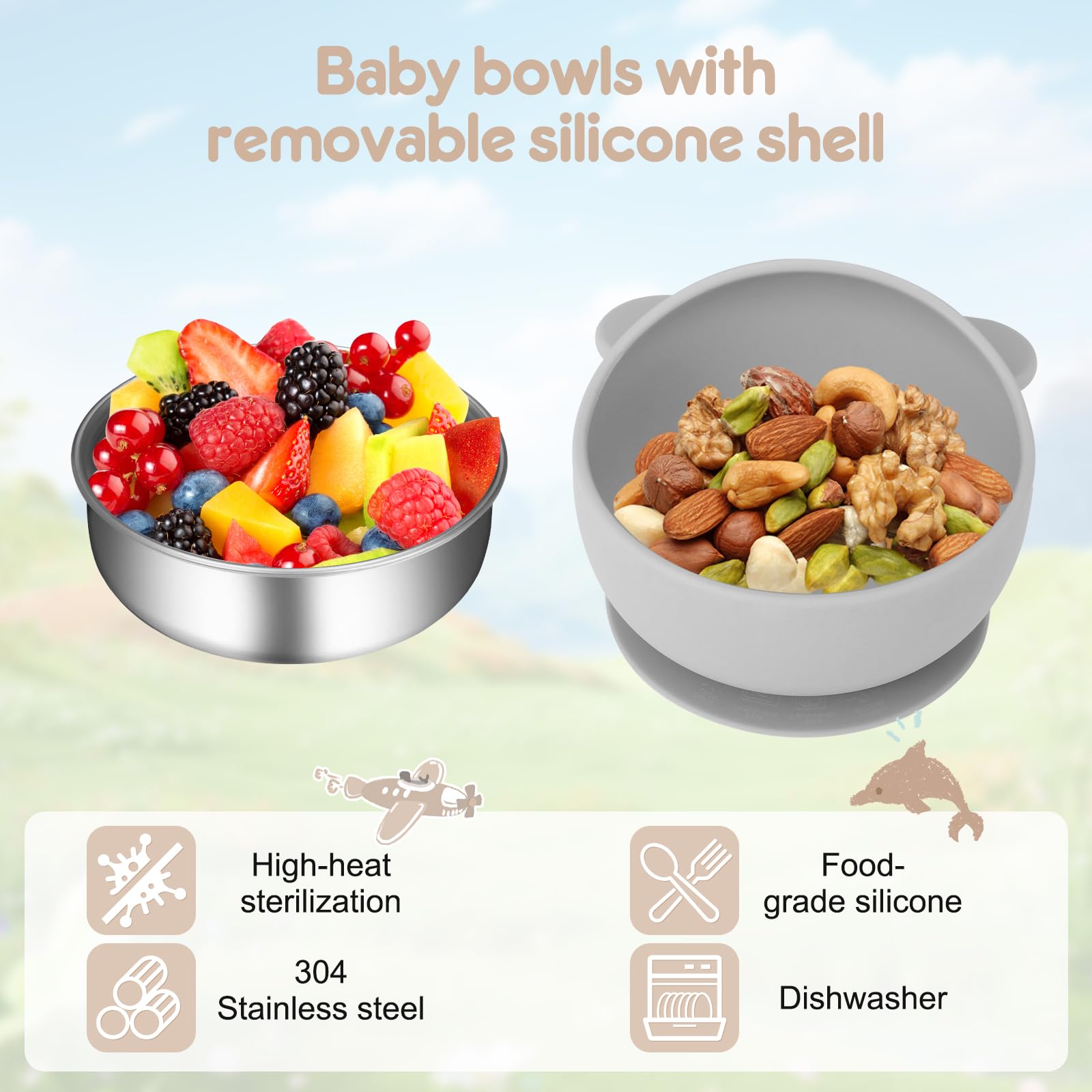 Wesketch 4 Pack Stainless Steel Baby Bowls with Suction, Toddler Bowls with Removable Silicone Shell for Kids, Non-Slip Toddler Baby Feeding Set Dishwasher Safe-blue/Gray/Red/Cream