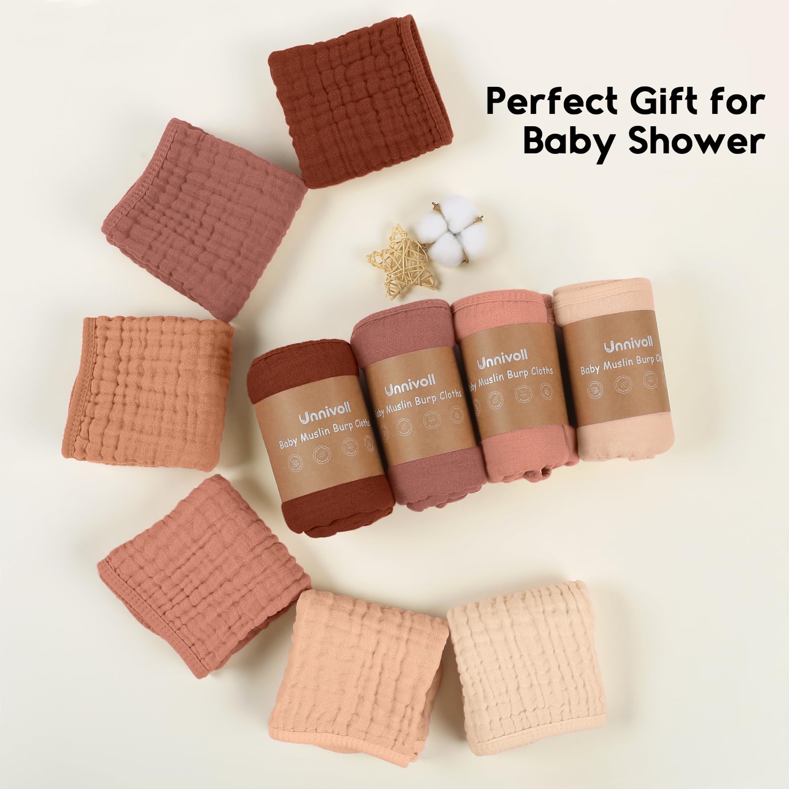 Unnivoll Muslin Burp Cloths for Baby 100% Cotton Burping Cloths for Boys Girls Large 20''X10'' Extra Soft and Absorbent 12 Pack - Gradient Brown