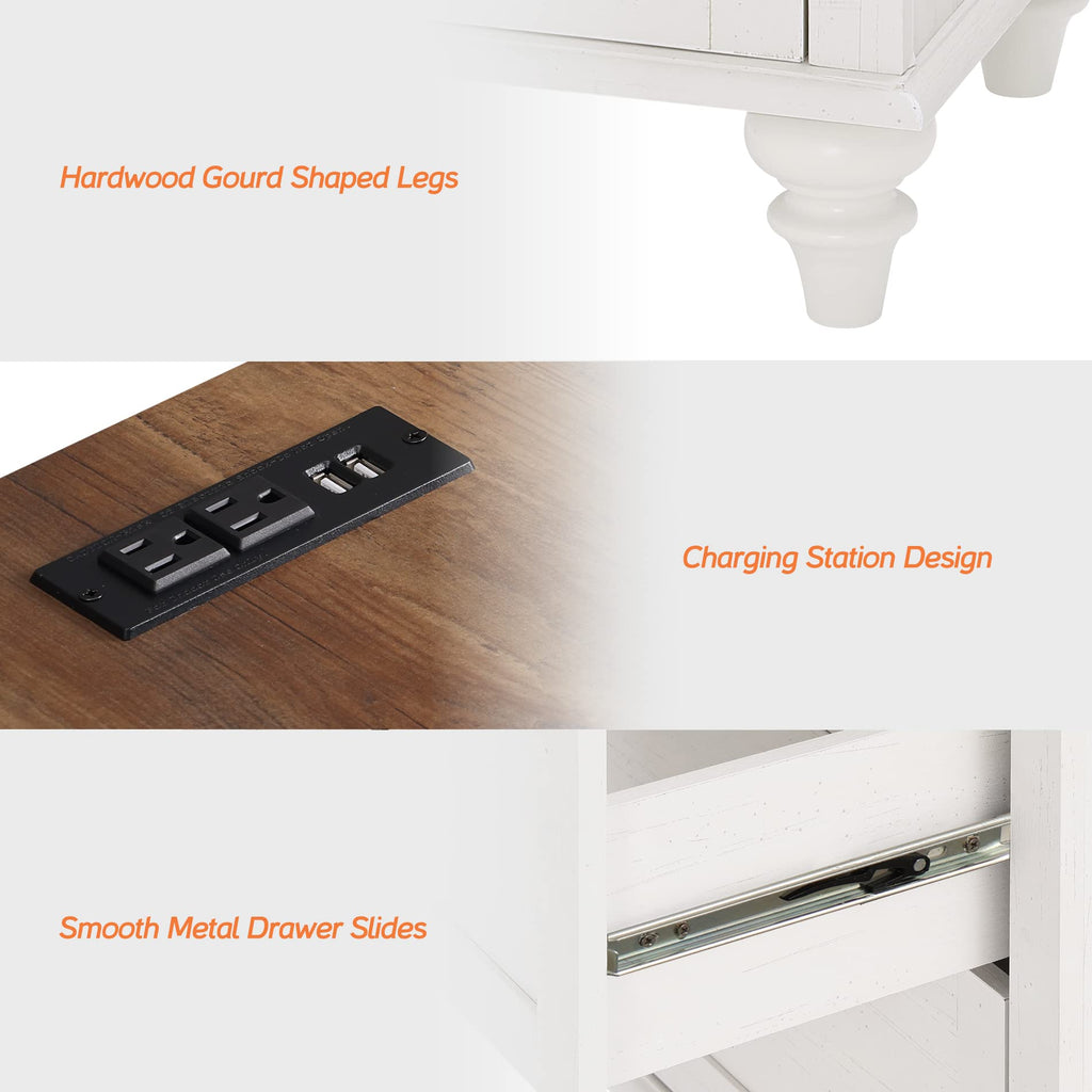 WAMPAT Farmhouse Nightstands with Charging Station for Living Room, Mid Century Modern Kids Storage Cabinet with Vintage Chest of Drawers for Nursery, White/Oak