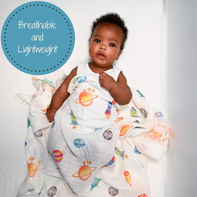 LollyBanks Swaddle Blanket, 100% Cotton Baby Blanket, Soft Muslin Swaddle Blanket 47 x 47 Inches, Neutral Baby Blanket for Boys and Girls, Baby Essentials, Registry (Space Print, Universe)