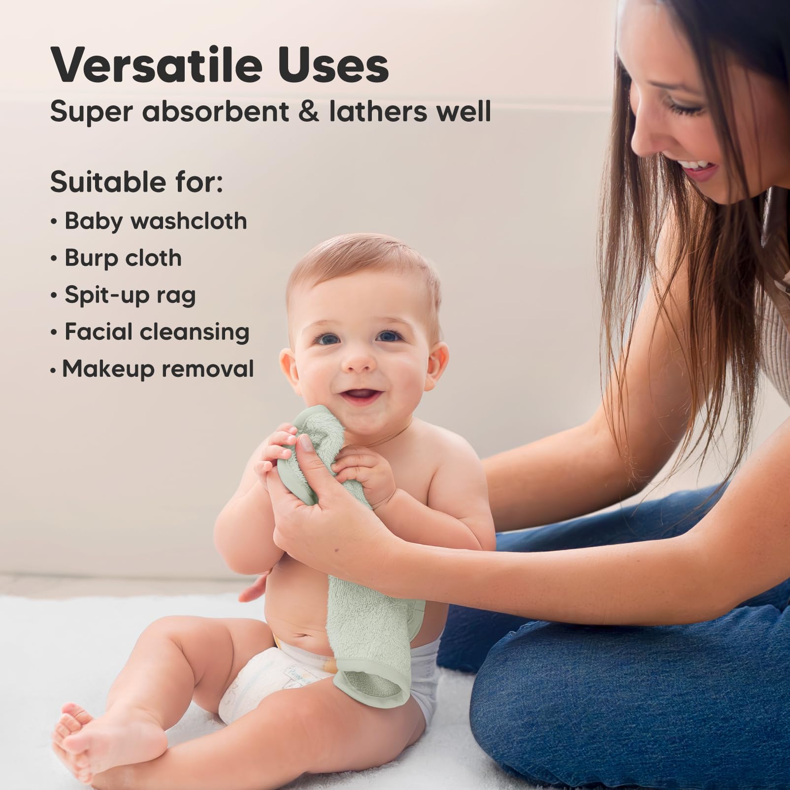 6pk Baby Washcloths, Soft Absorbent Washcloths for Face, Body (Stone/Dove)