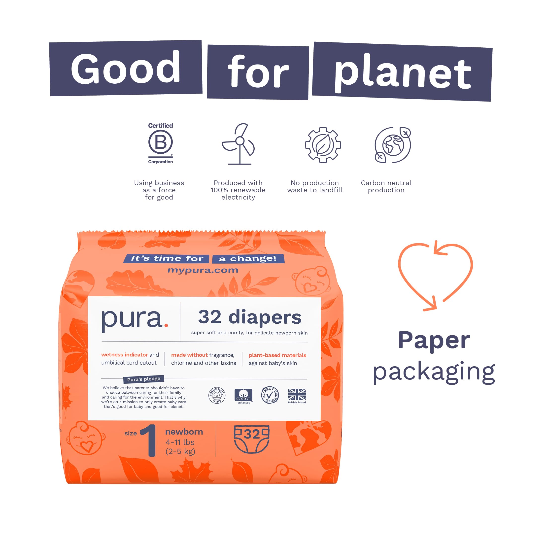 Pura Hypoallergenic Diapers, Size 1 (4-11 lbs), Monthly Pack, Totally Chlorine Free, Wetness Indicator, Suitable for Sensitive Skin, Soft Cotton Comfort, Overnight, 6 Packs of 32 (192 Baby Diapers)