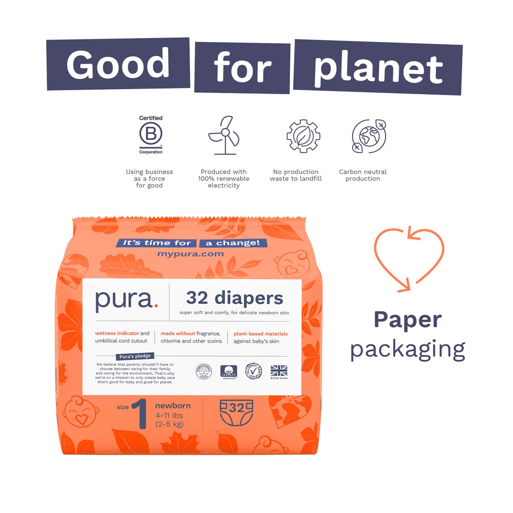 Pura Hypoallergenic Diapers, Size 1 (4-11 lbs), Newborn, Totally Chlorine Free, Wetness Indicator, Suitable for Sensitive Skin, Soft Organic Cotton Comfort, Overnight, 1 Pack of 32 Baby Diapers