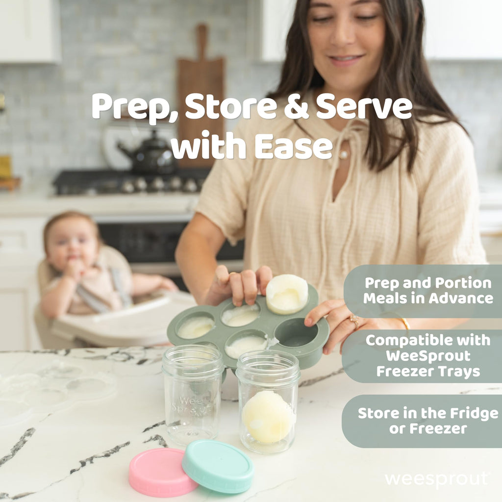 WeeSprout Glass Baby Food Storage Jars w/Lids (8 oz, 8 Pack Set) Snack, Puree, Reusable Small Containers, Breast Milk, Fridge or Freezer, Microwave & Dishwasher Safe, Essential Must Have for Infants