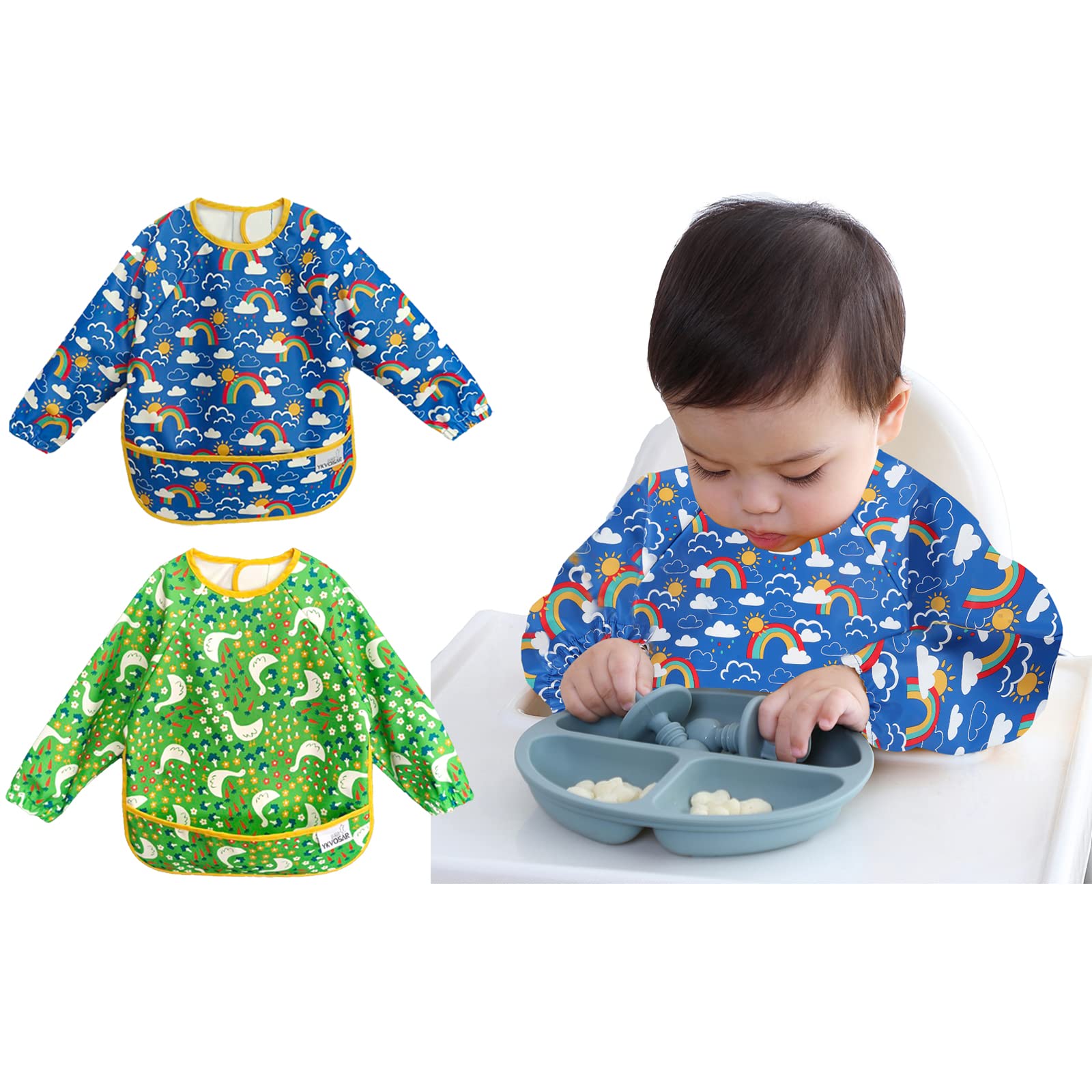 YKVOSAR 2 Pack Baby Bibs for Boy, Waterproof Bibs for Eating, Mess Proof Full Sleeve Bib for Toddlers, Fit Age 6-36 Months