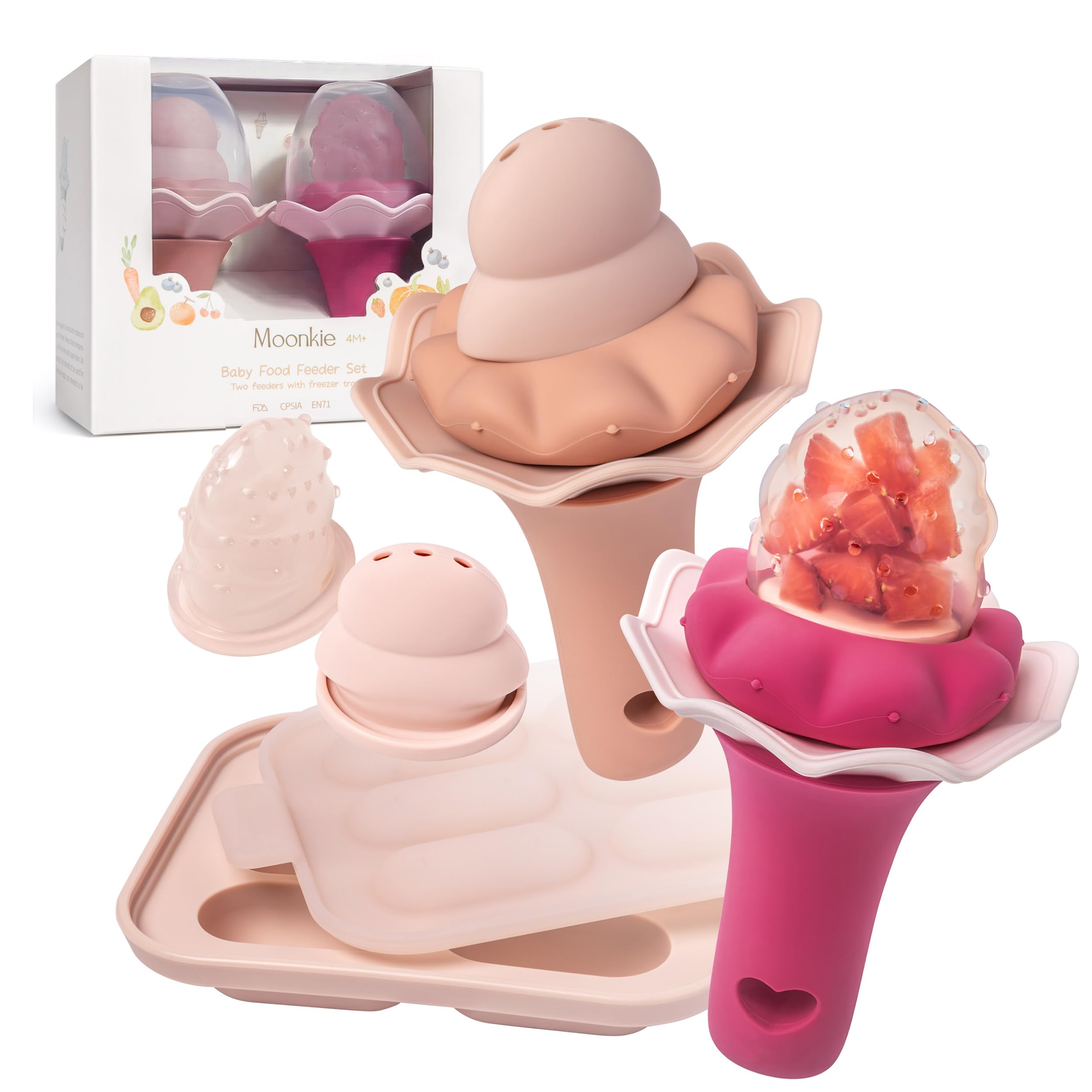 Moonkie Baby Fruit Feeder for Self-Feeding: Controlled Flow Design for Safe First Foods - BPA Free Silicone Food Feeder with Freezer Tray for Cooling Comfort - Baby Shower Gifts 4M+ - 2 Pack