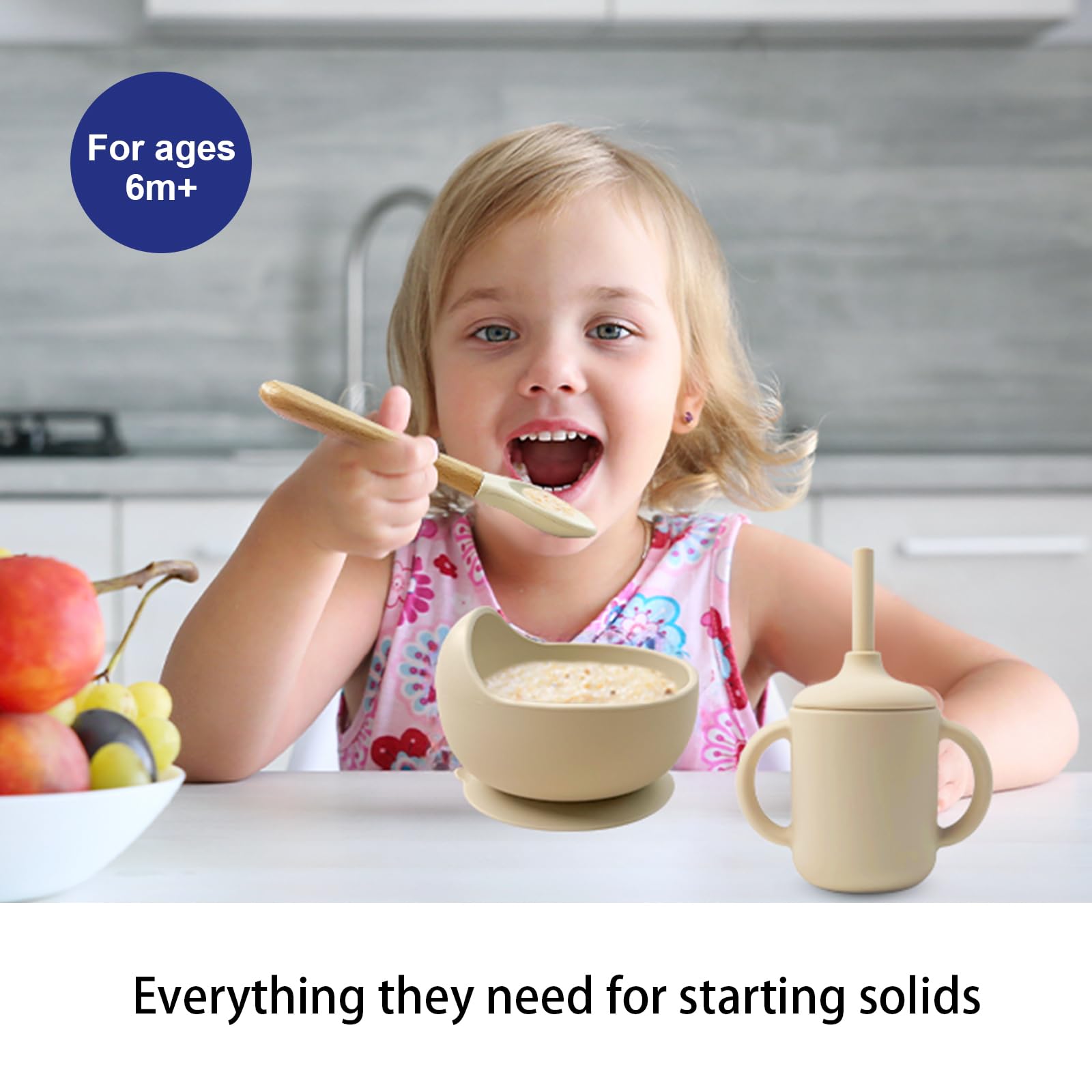 Silicone Baby Feeding Set 14 Pcs, Baby Led Weaning Set, 6M+, Beige