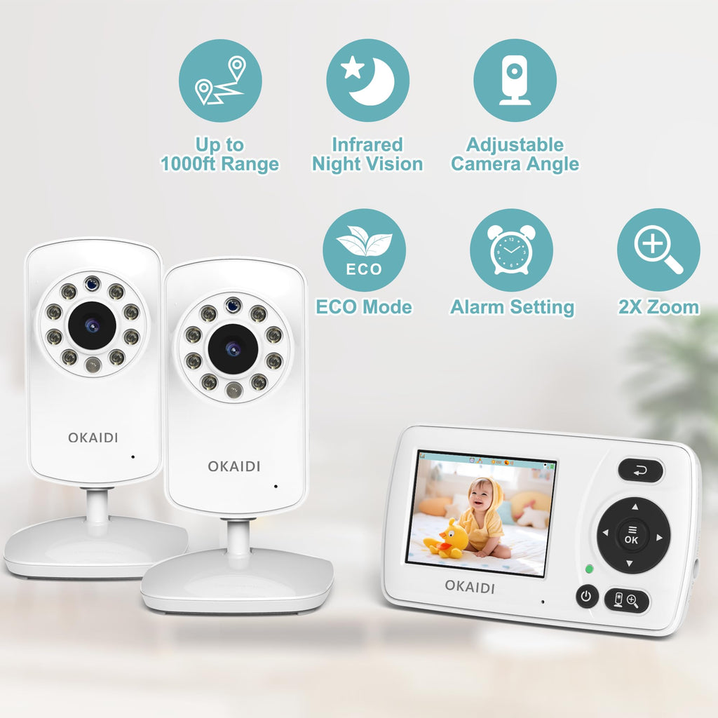 OKAIDI 2.4'' Portable Baby Monitor with 2 Cameras, Baby Monitor No WiFi