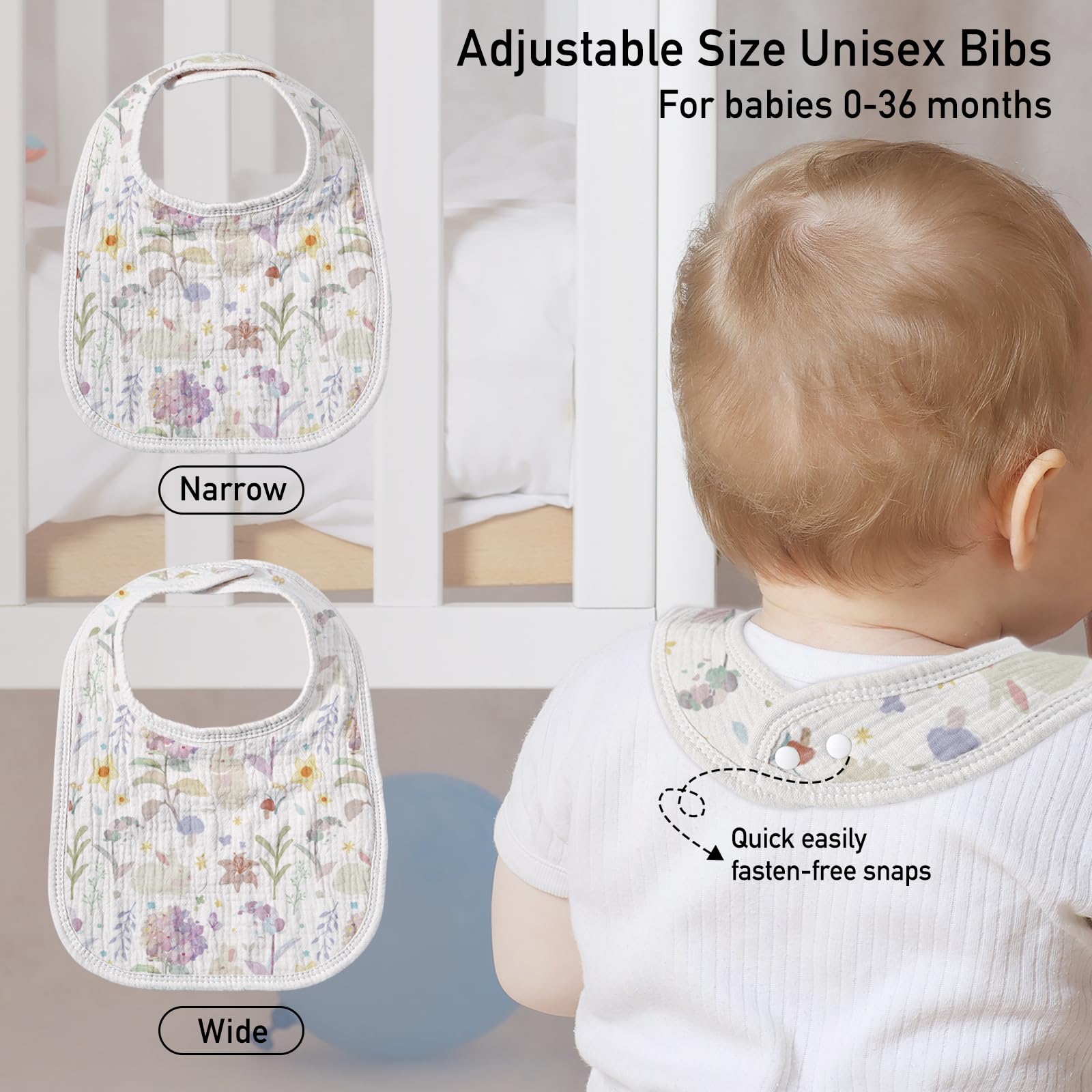 Muslin Bibs for Baby Girl, Adjustable Fit for Drooling and Teething Toddler