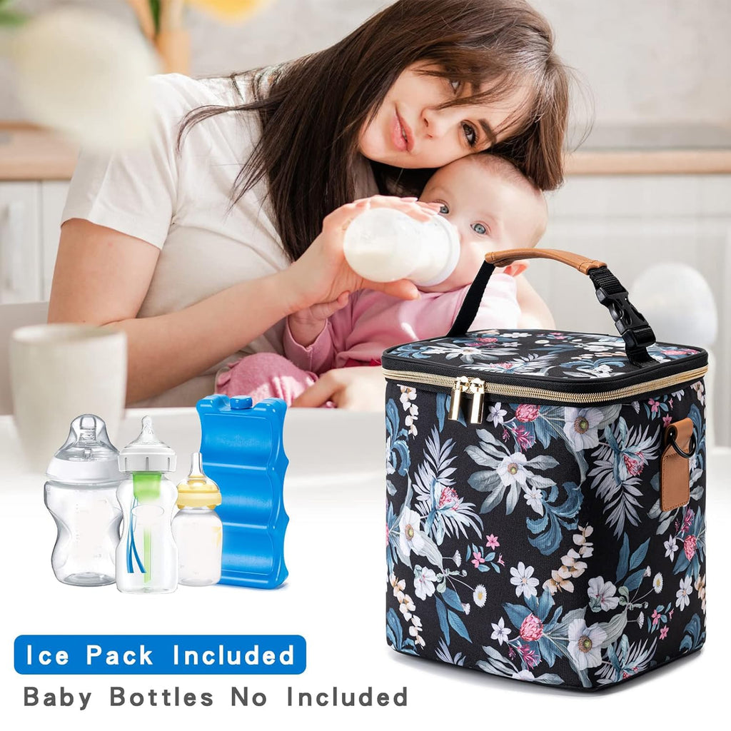 BABEYER Breastmilk Cooler Bag with Ice Pack Fits 6 Baby Bottles Up to 9 Ounce, Baby Bottle Bag with Shoulder Strap for Nursing Mom Daycare, Floral