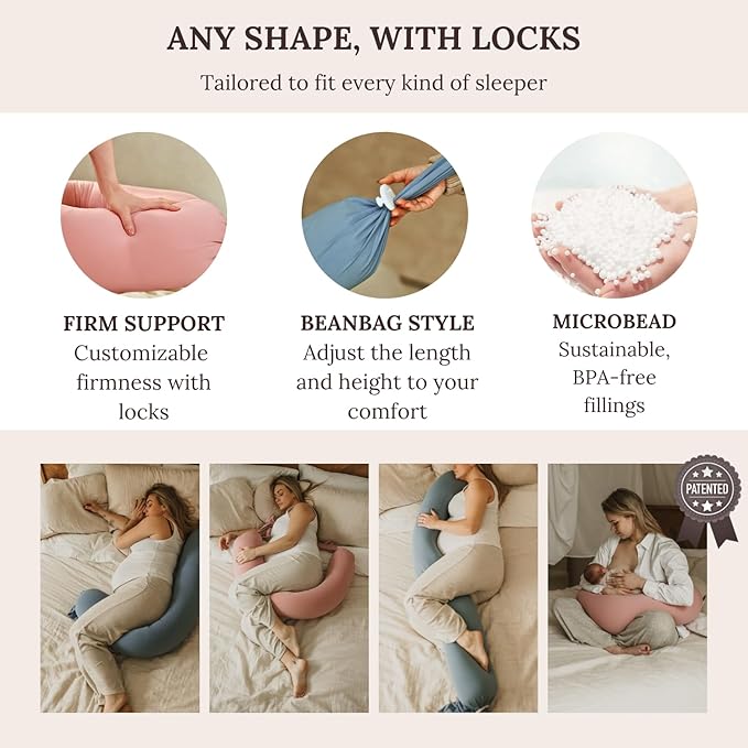 Pregnancy Pillow 5-in-1 【Cooling Cover, Adjustable to Grow with Belly】 Beanbag Style, Lockable O-Shape Nursing Pillow, 5-Point Full Body Support, Maternity Pillow with Travel Bag - Blue