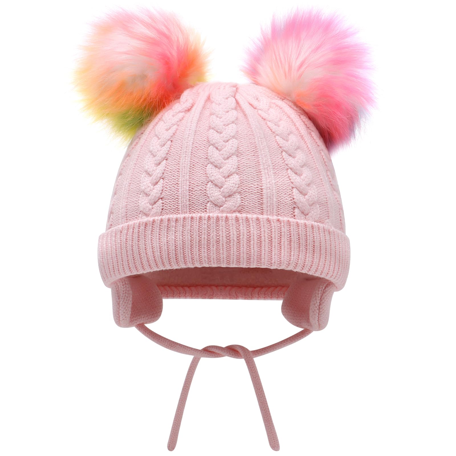 Duoyeree Toddler Winter Hat, Earflap Double Pom Pom Knit Beanie 0-36M
