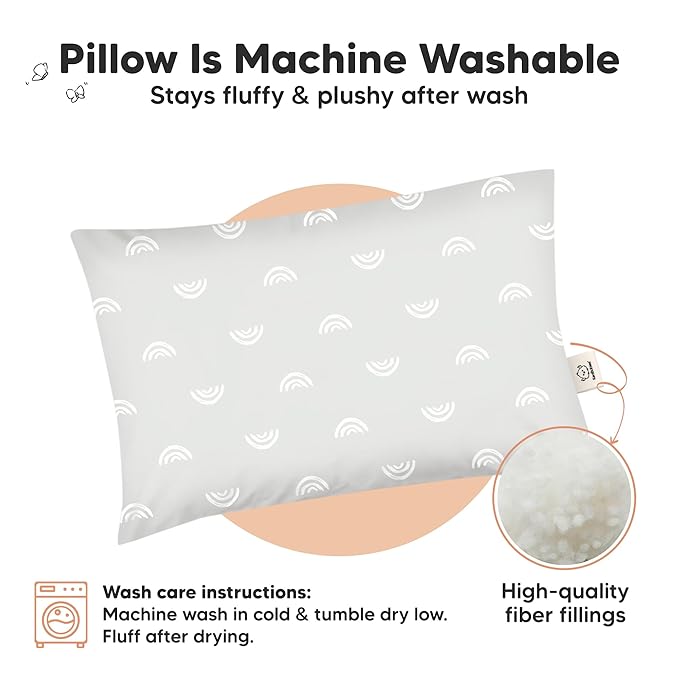 KeaBabies Toddler Pillow 13x18 - Soft Organic Cotton Kids Travel Bed Pillows for Sleeping, School, Nap, Machine Washable, Toddlers 2 to 5, Pillowcase Sold Separately (Gray Rainbow)