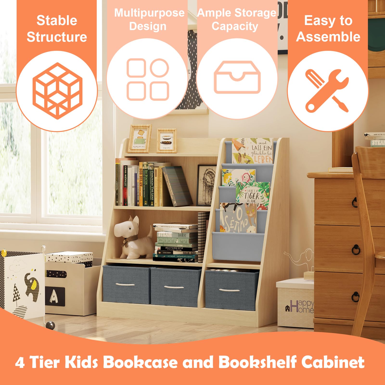 HedoAjim Kids Bookshelf Wood Montessori Toy Storage Organizer Cabinet Shelf Child Bookcase Toddler Baby Sling Book Rack 3 Cube Bin Fabric Drawers for Playroom Bedroom Nursery School