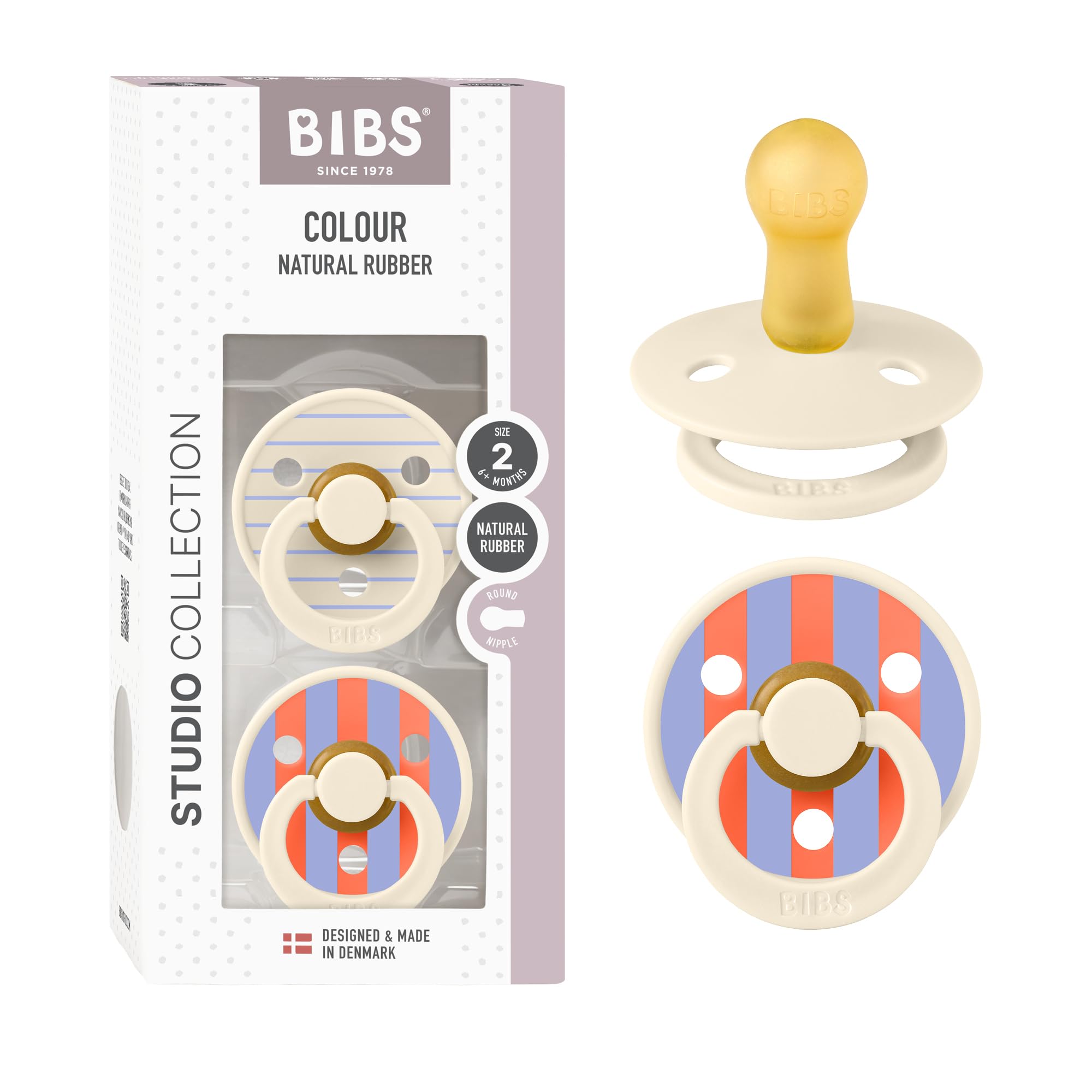 BIBS Colour Pacifier, 6-18 Months, 2-Pack, Round Nipple, Pin Ivory