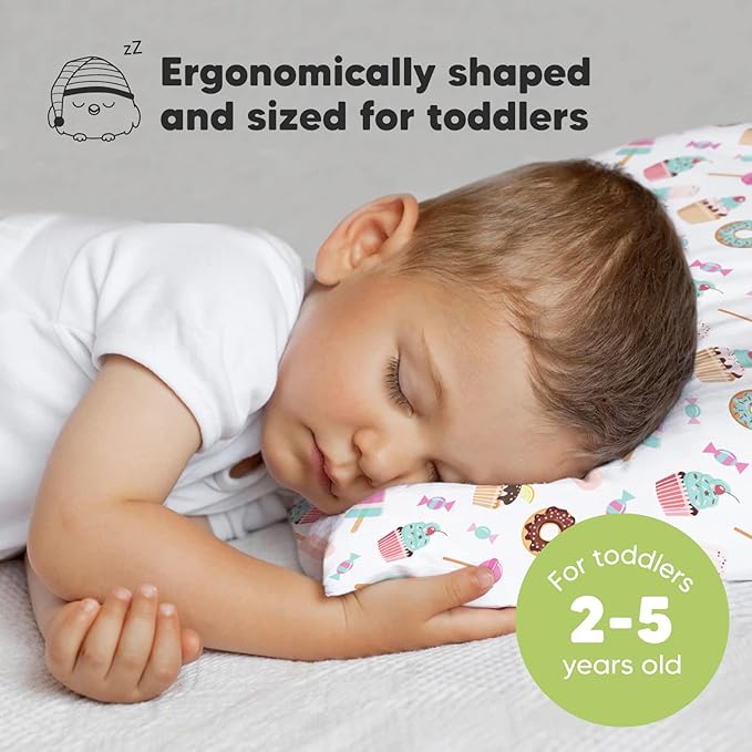 Toddler Pillow with Pillowcase - 13x18 My Little Dreamy Kids Travel Bed Pillows for Sleeping, Organic Cotton Small Pillowcase, Soft & Breathable, Machine Washable, Toddlers 2-5 years old (Sweet Tooth)
