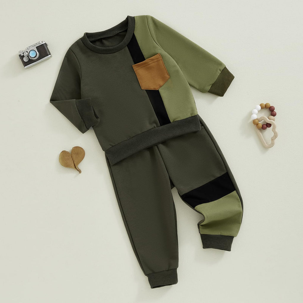 Lucikamy Toddler Baby Boy Fall Outfits Long Sleeve Crew Neck Pullover Sweatshirt + Jogger Pants Set Infant Winter Clothes (Army Green-D, 12-18 Months)