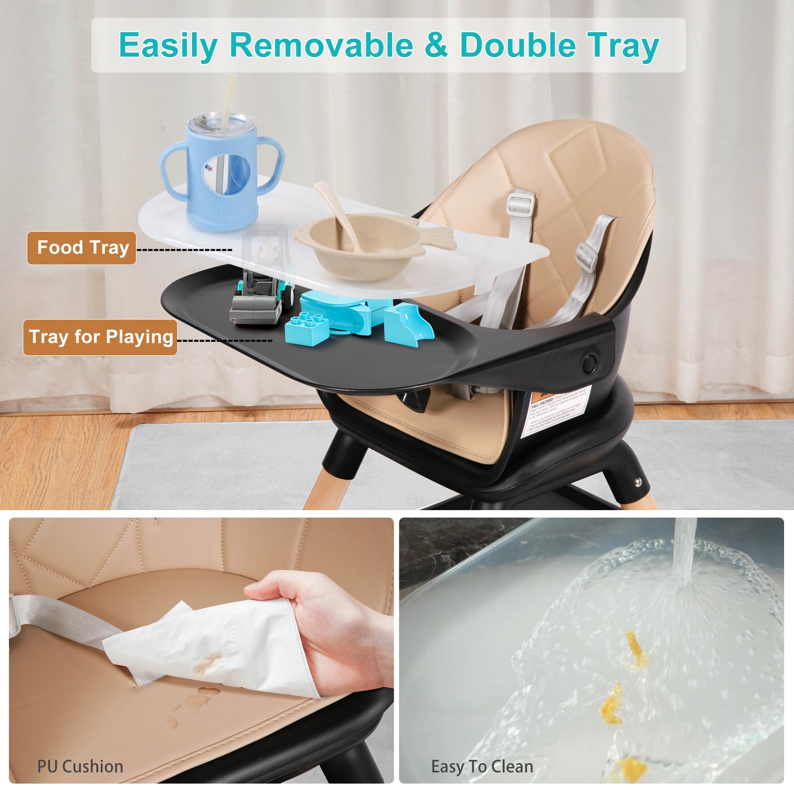Komcot High Chair, 6 in 1 Wooden Convertible High Chairs for Babies and Toddlers, Booster Seat with Double Tray & Reversible Footrest Baby Highchair, 5-Point Harness Baby Feeding Chair, Black