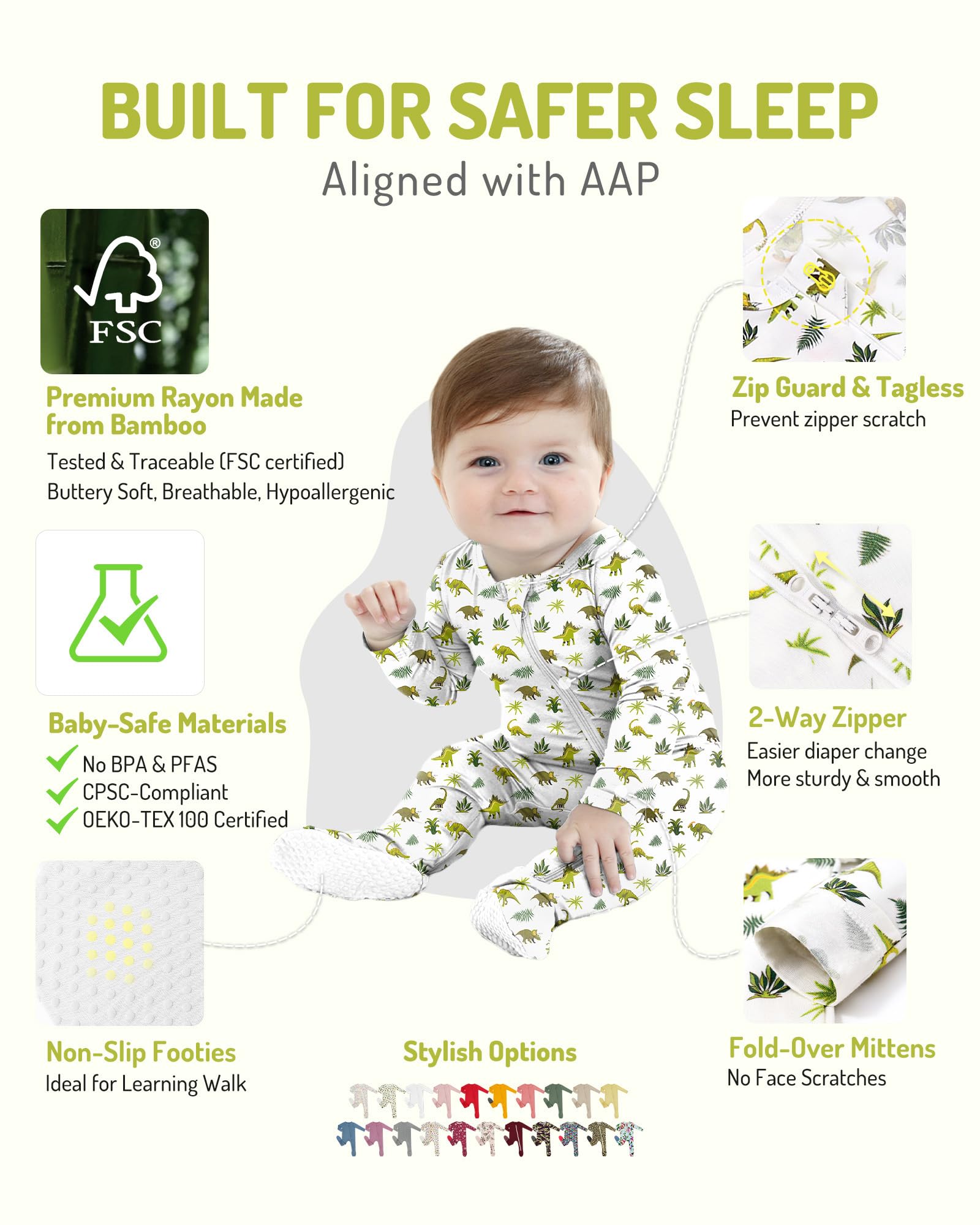 HAPIU Rayon from Bamboo Baby Footed Pajamas, 2 Way Premium Zipper, Footie for Baby Boy Girls, Newborn-24 Months, 2-Pack, Dinosaur boy & Dark Forest Green, Newborn