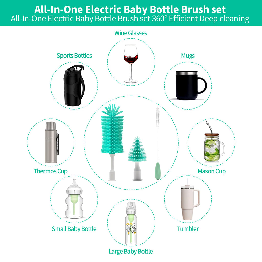 Electric Bottle Brush Cleaner, Portable Electric Baby Bottle Brush Cleaner for Travel, Rechargable Travel Bottle Cleaner Kit with Nipple & Straw Brush, Perfect Mom Essentials After Birth Gift, Green