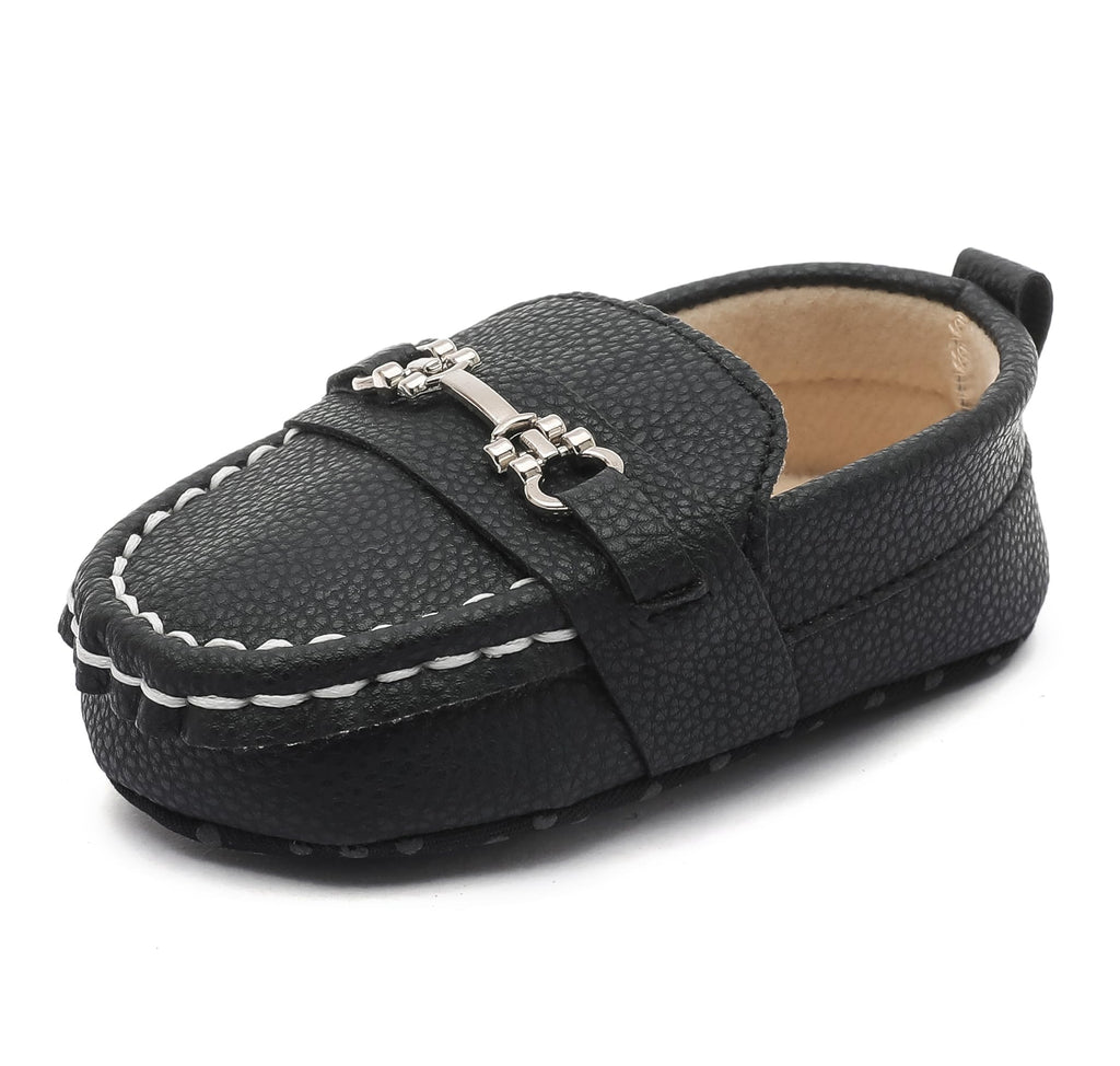 LONSOEN Infant Shoes Boys Loafers Baby Girls Crib Moccasins Classic Synthetic Leather Wedding Dress Shoes,BAY209 Black 0-6 Months