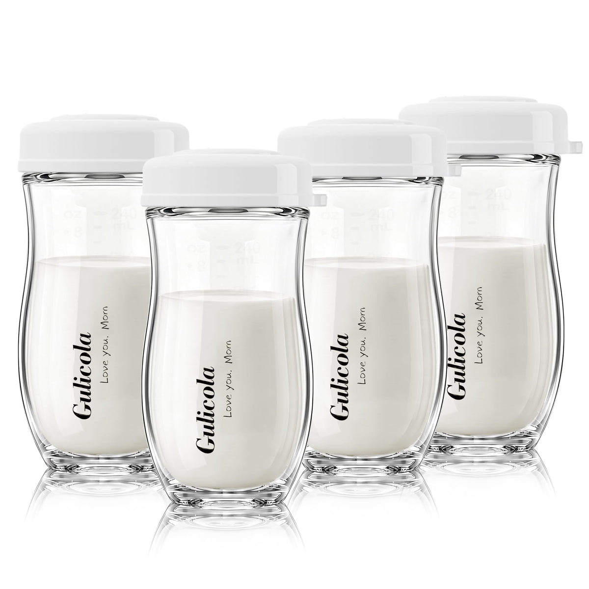 Gulicola Glass Baby Breastmilk Storage Bottles 8 oz, Wide Neck Breastmilk Collection Bottles, 4 Pack - White