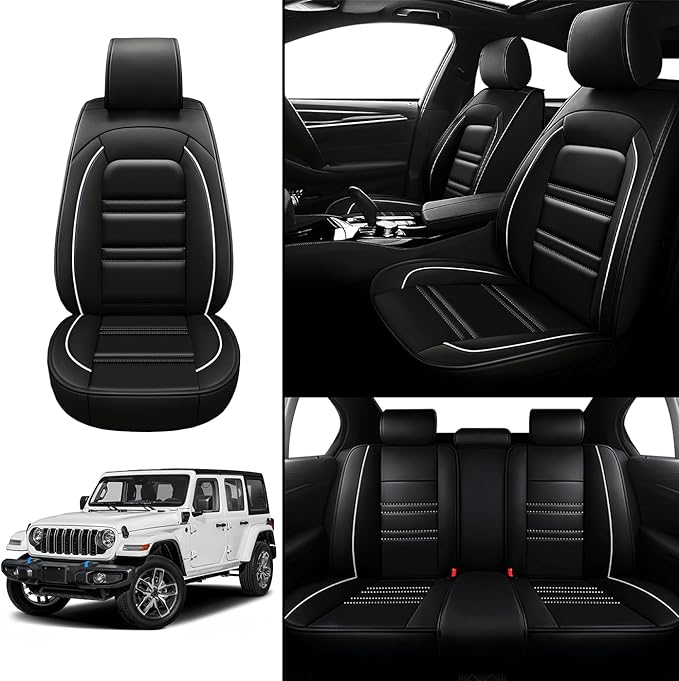 Seat Covers for JP Wrangler 2007-2025 | 5-Seats Leather Seat Covers, Easy to Install Automotive Seat Covers Full Set (Full Set, Black&White Line)