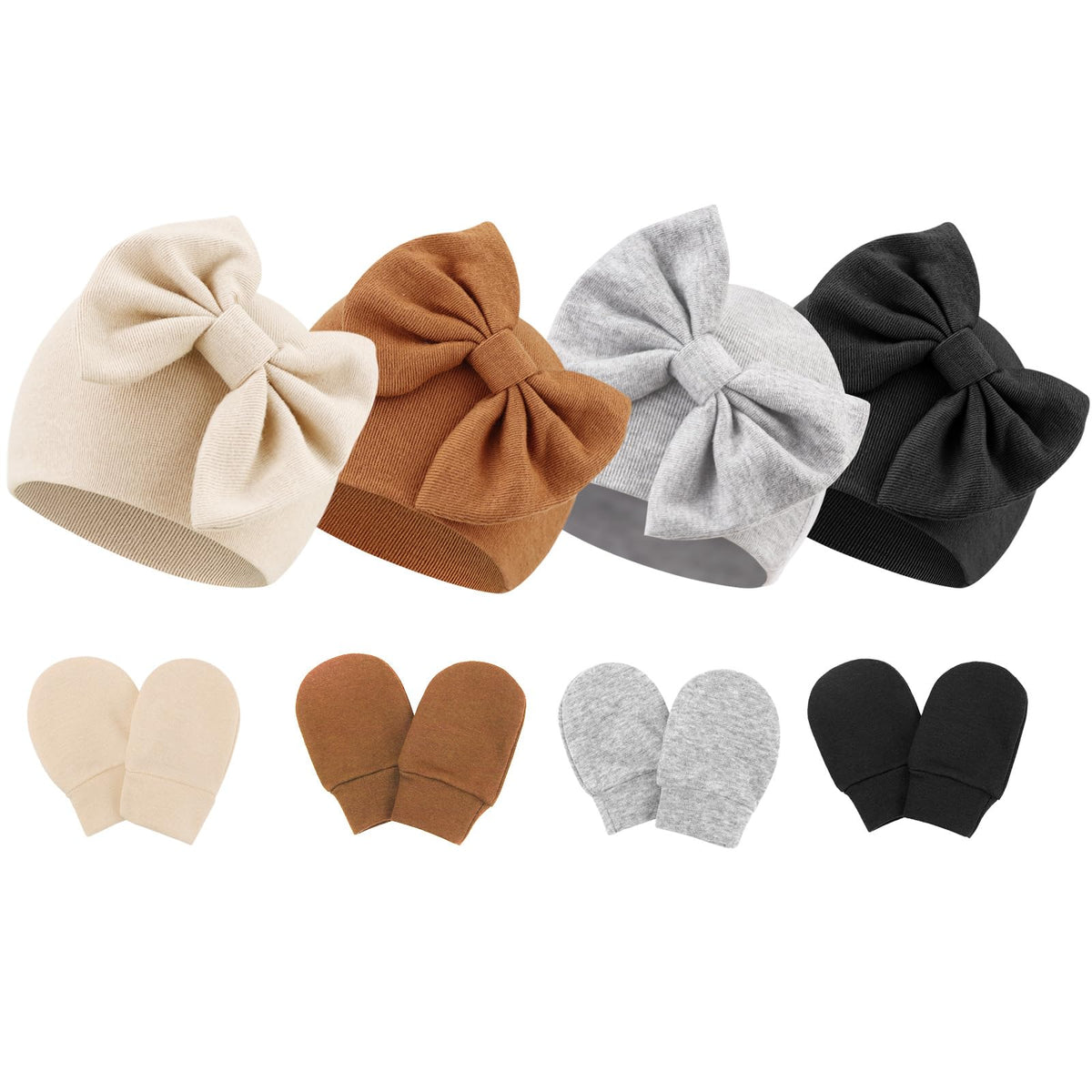 BQUBO Newborn Baby Hats Mittens Set Hospital Hat Beanie Infant Bow Hats Baby Cotton Gloves No Scratch Mittens for 0-6 Months