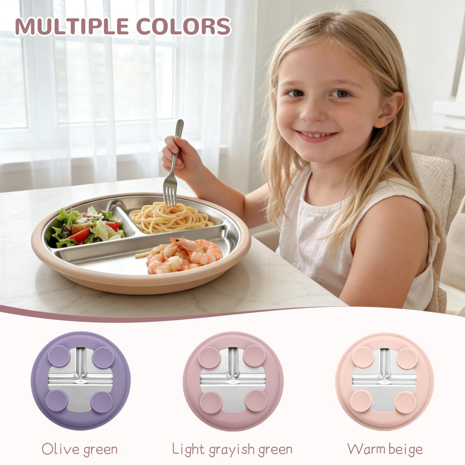 SPMKTQK 3 Pack Stainless Steel Kids Plates, Suction Divided, Baby Feeding