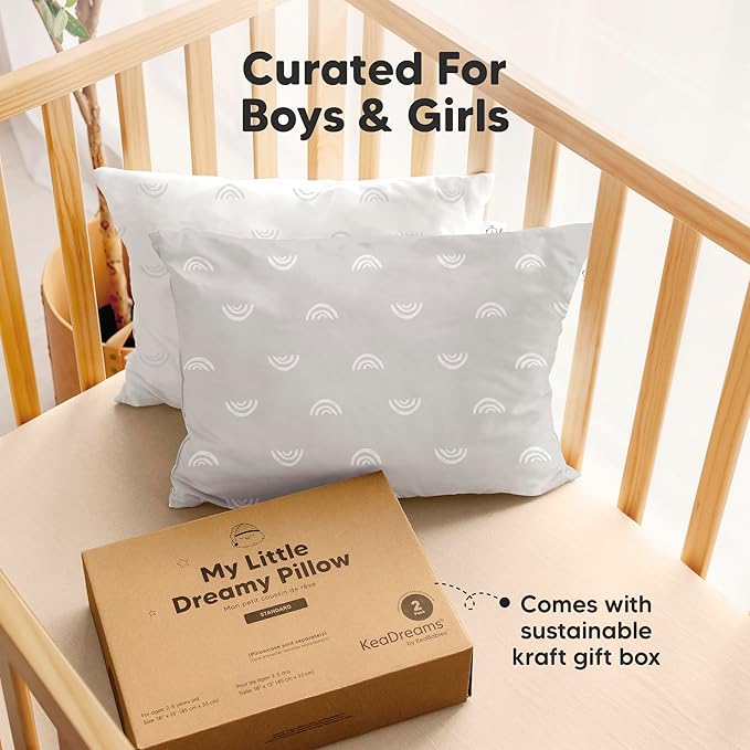 KeaBabies 2-Pack Toddler Pillow 13x18 - Soft Organic Cotton Kids Travel Bed Pillows for Sleeping, School, Nap, Machine Washable, Toddlers 2 to 5, Pillowcase Sold Separately (Gray Rainbow)