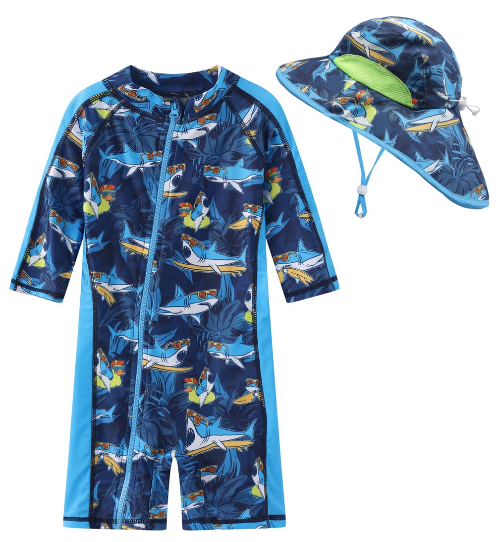 Toddler Baby Boys Swimsuit Rashguard One Piece Zipper Bathing Suit with Sun Hat Infant Swimwear Sunsuit UPF 50+（Surf Shark，18-24 Months）